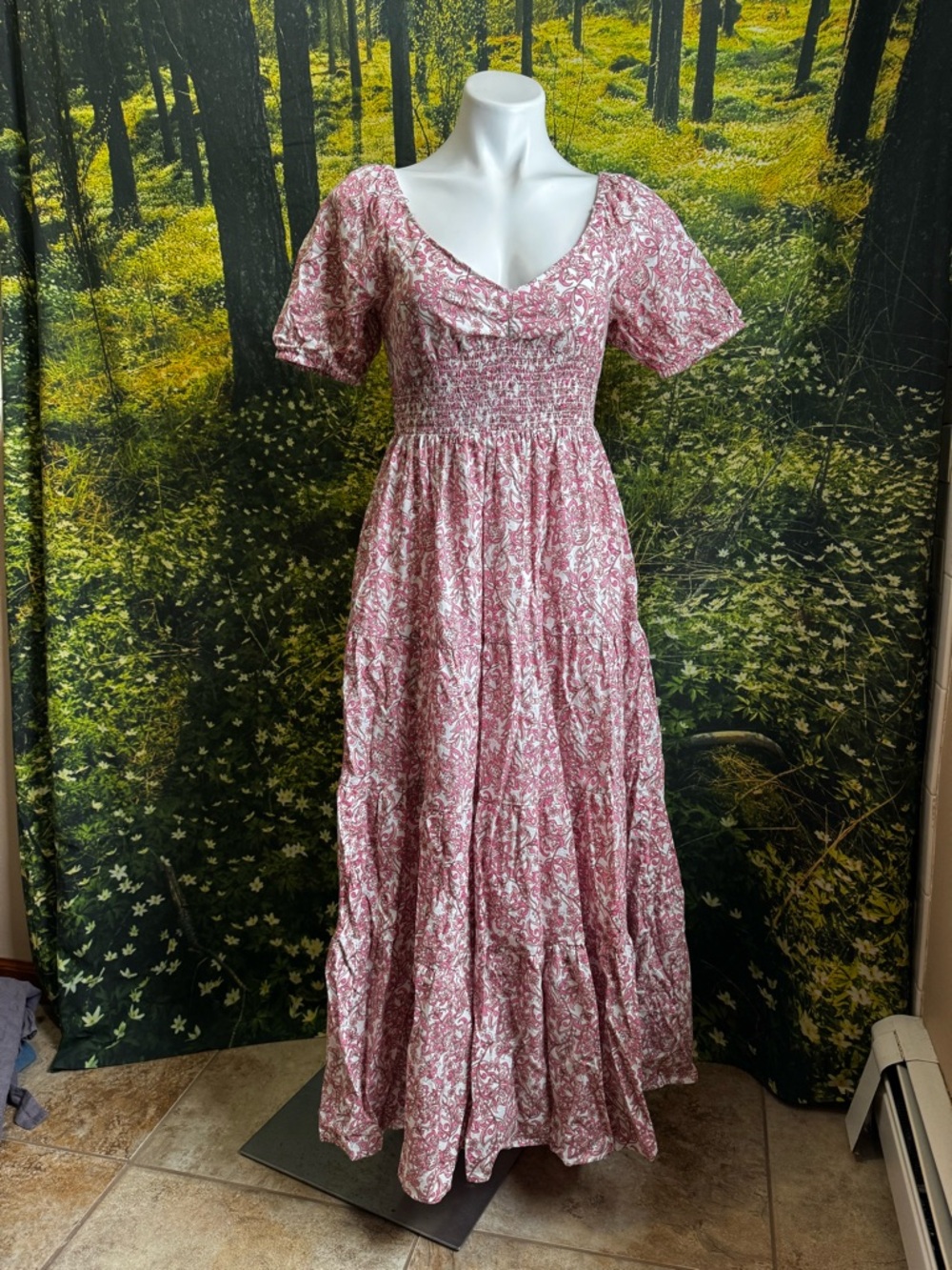 DownEast Pink Floral Tiered Maxi Dress with Smocked Waist Feminine Cottagecore